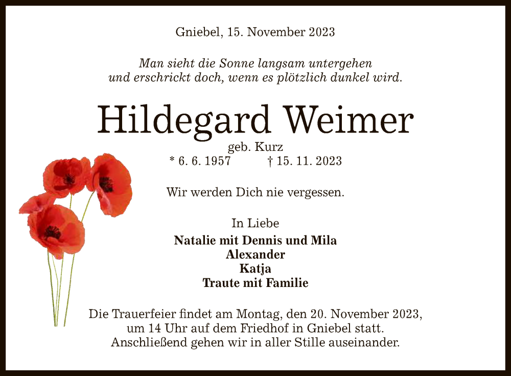  Traueranzeige für Hildegard Weimer vom 17.11.2023 aus Reutlinger General-Anzeiger