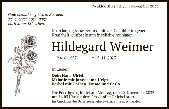 Anzeige von Hildegard Weimer von Reutlinger General-Anzeiger