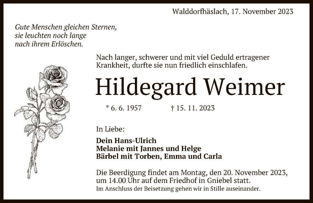  Traueranzeige für Hildegard Weimer vom 17.11.2023 aus Reutlinger General-Anzeiger