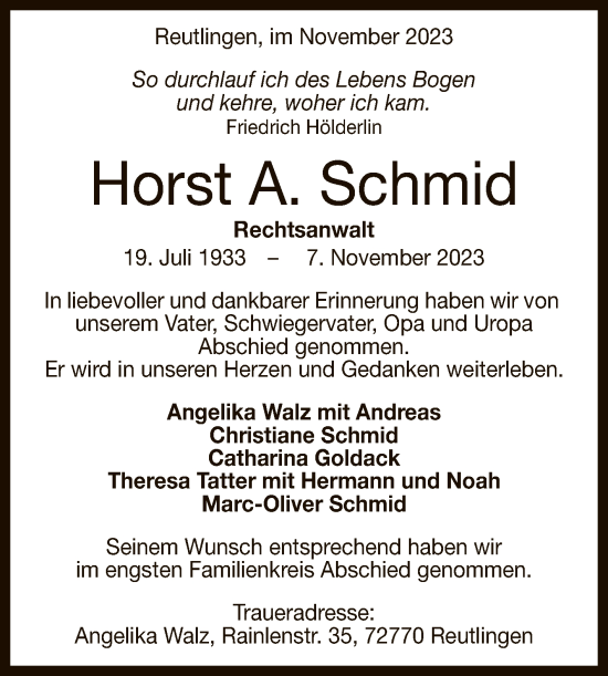 Anzeige von Horst Schmid von Reutlinger General-Anzeiger