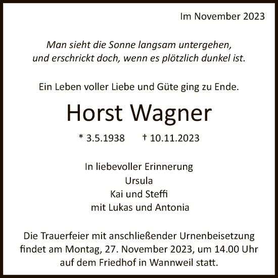 Anzeige von Horst Wagner von Reutlinger General-Anzeiger