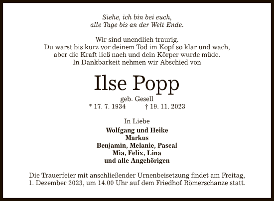 Anzeige von Ilse Popp von Reutlinger General-Anzeiger