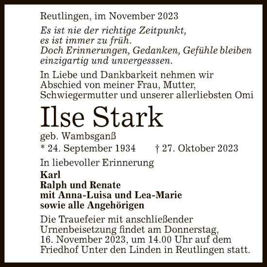 Anzeige von Ilse Stark von Reutlinger General-Anzeiger
