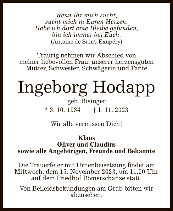 Anzeige von Ingeborg Hodapp von Reutlinger General-Anzeiger