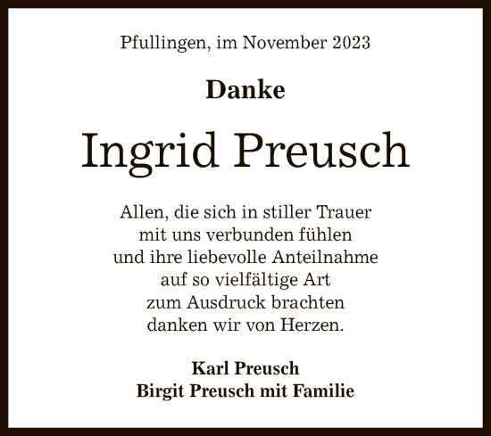 Anzeige von Ingrid Preusch von Reutlinger General-Anzeiger