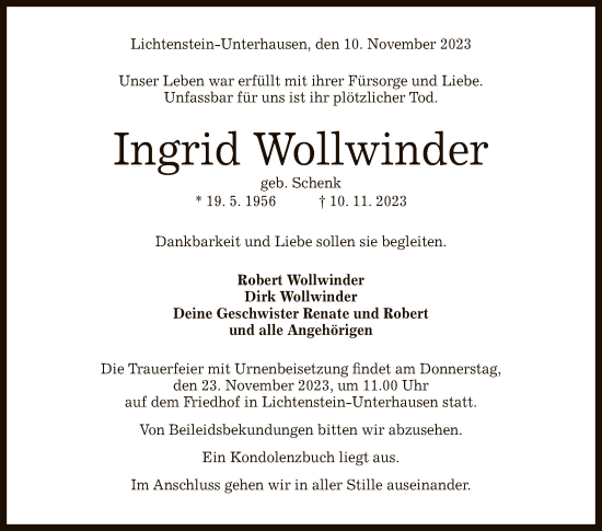 Anzeige von Ingrid Wollwinder von Reutlinger General-Anzeiger
