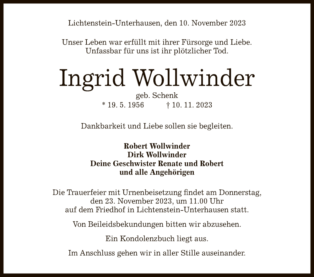  Traueranzeige für Ingrid Wollwinder vom 18.11.2023 aus Reutlinger General-Anzeiger