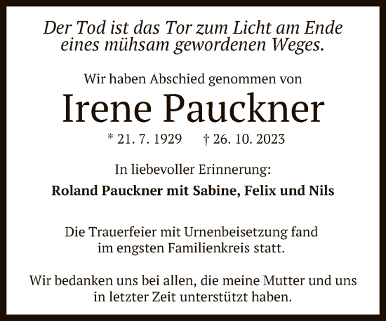 Anzeige von Irene Pauckner von Reutlinger General-Anzeiger