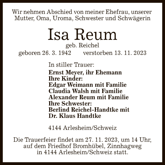Anzeige von Isa Reum von Reutlinger General-Anzeiger