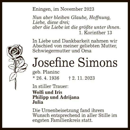 Anzeige von Josefine Simons von Reutlinger General-Anzeiger