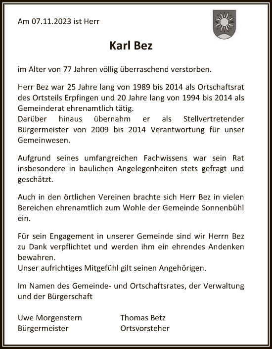 Anzeige von Karl Bez von Reutlinger General-Anzeiger
