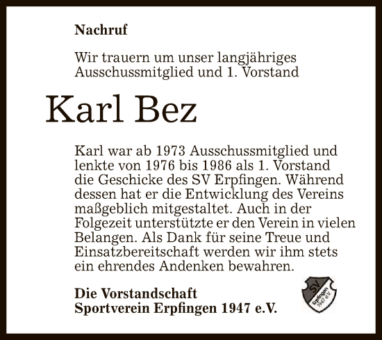 Anzeige von Karl Bez von Reutlinger General-Anzeiger