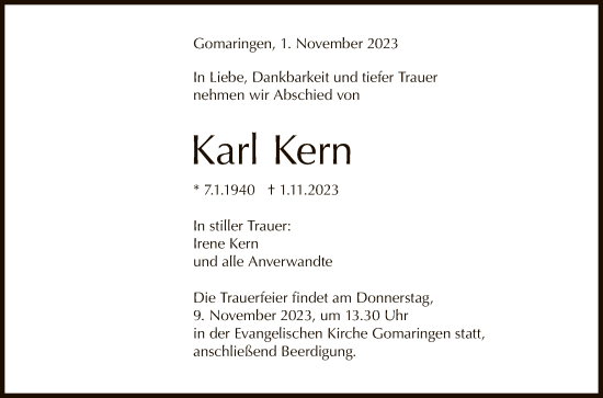 Anzeige von Karl Kern von Reutlinger General-Anzeiger