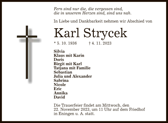 Anzeige von Karl Strycek von Reutlinger General-Anzeiger