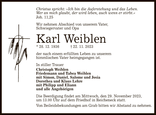 Anzeige von Karl Weiblen von Reutlinger General-Anzeiger