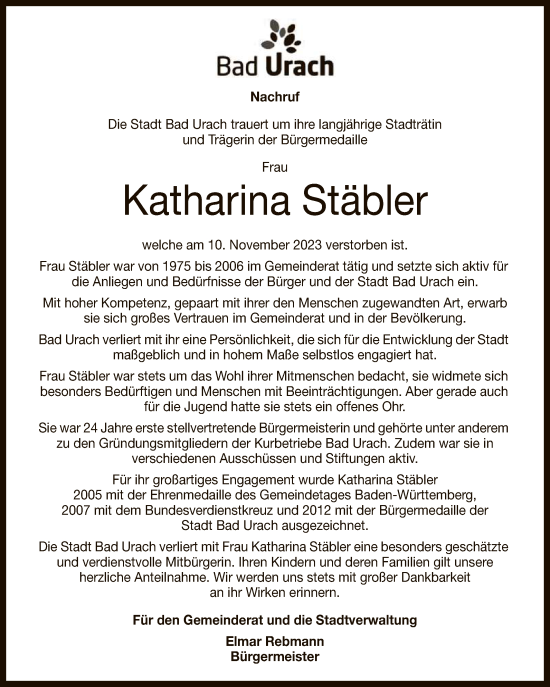 Anzeige von Katharina Stäbler von Reutlinger General-Anzeiger