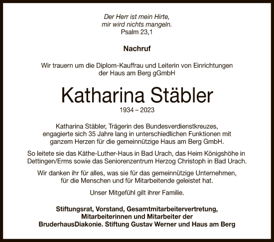 Anzeige von Katharina Stäbler von Reutlinger General-Anzeiger