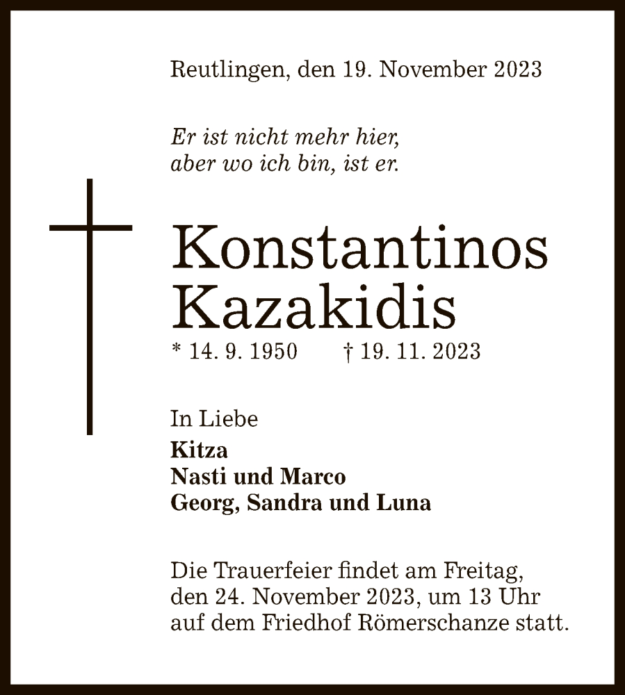  Traueranzeige für Konstantinos Kazakidis vom 22.11.2023 aus Reutlinger General-Anzeiger