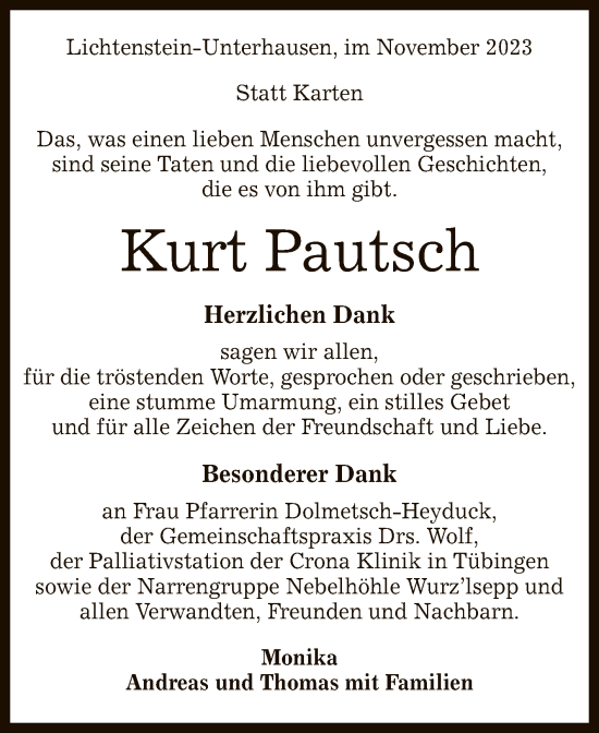 Anzeige von Kurt Pautsch von Reutlinger General-Anzeiger