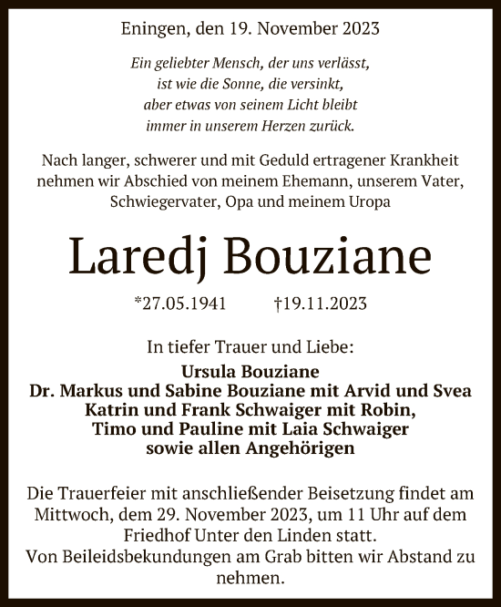 Anzeige von Laredj Bouziane von Reutlinger General-Anzeiger