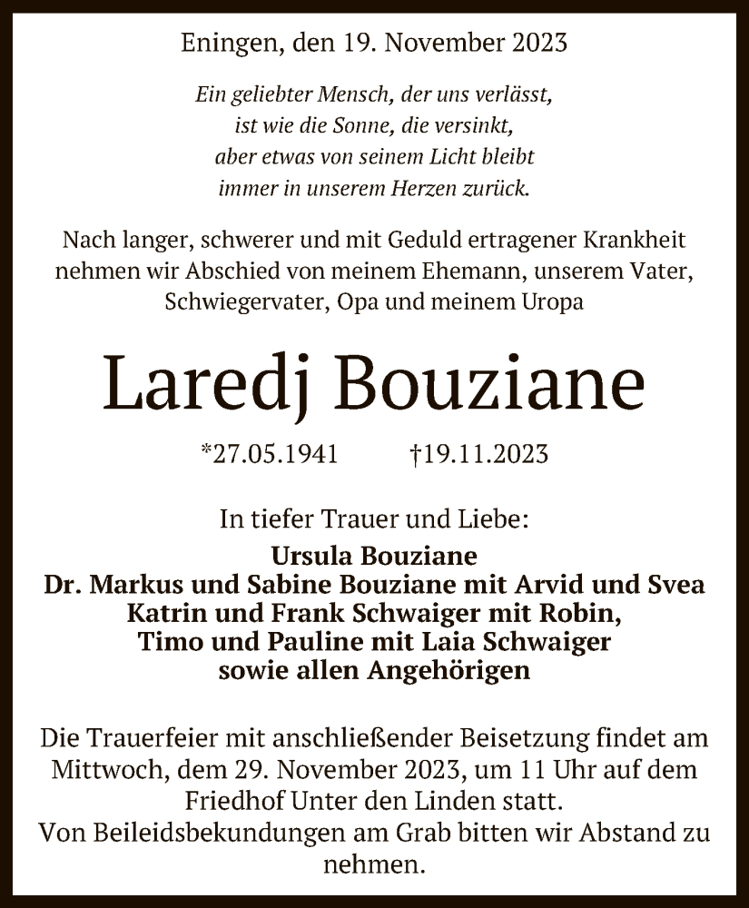  Traueranzeige für Laredj Bouziane vom 25.11.2023 aus Reutlinger General-Anzeiger