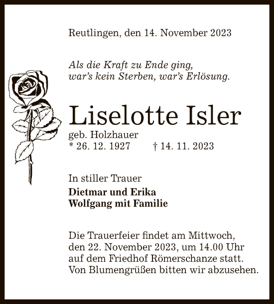 Anzeige von Liselotte Isler von Reutlinger General-Anzeiger