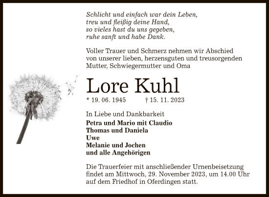 Anzeige von Lore Kuhl von Reutlinger General-Anzeiger