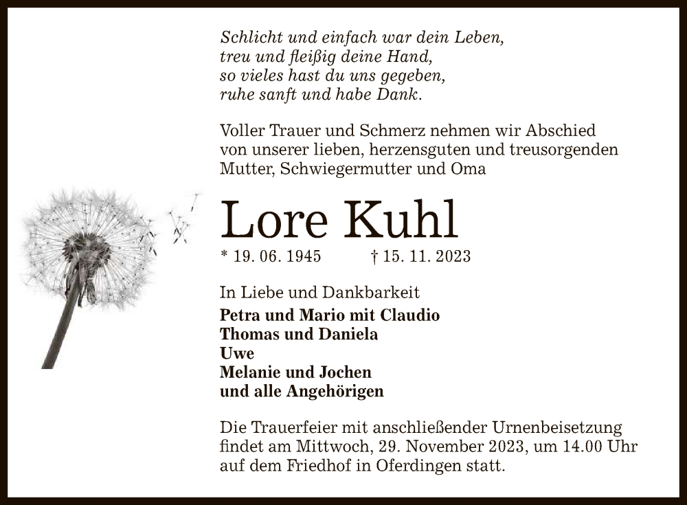  Traueranzeige für Lore Kuhl vom 18.11.2023 aus Reutlinger General-Anzeiger