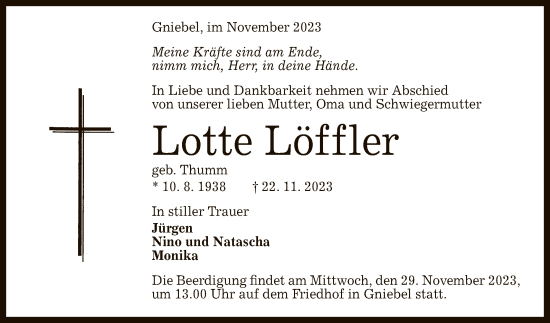 Anzeige von Lotte Löffler von Reutlinger General-Anzeiger