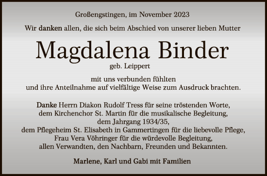 Anzeige von Magdalena Binder von Reutlinger General-Anzeiger