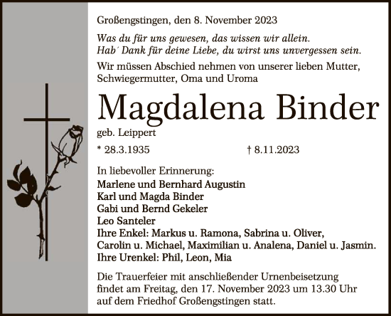 Anzeige von Magdalena Binder von Reutlinger General-Anzeiger