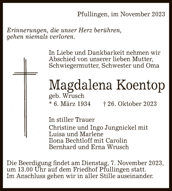 Anzeige von Magdalena Koentop von Reutlinger General-Anzeiger