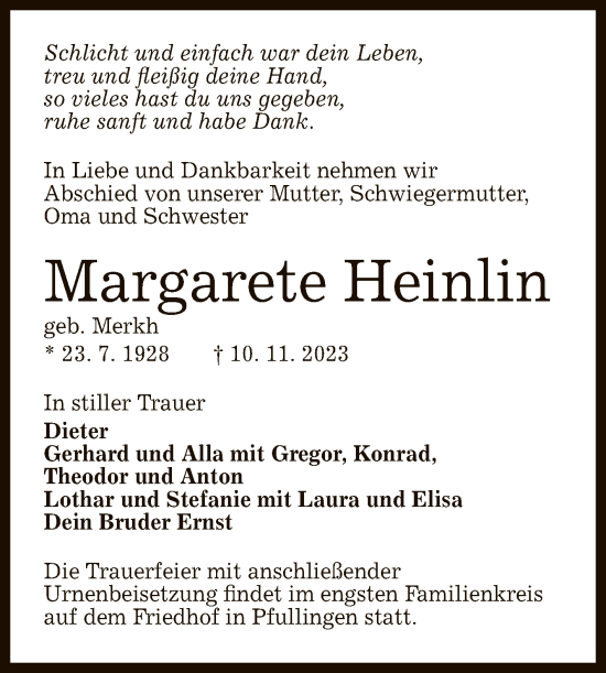 Anzeige von Margarete Heinlin von Reutlinger General-Anzeiger