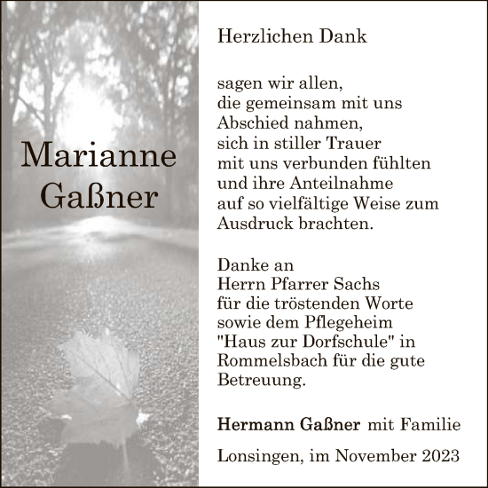 Anzeige von Marianne Gaßner von Reutlinger General-Anzeiger
