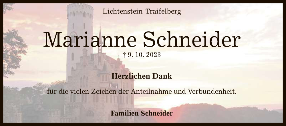  Traueranzeige für Marianne Schneider vom 11.11.2023 aus Reutlinger General-Anzeiger