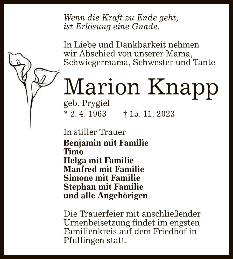  Traueranzeige für Marion Knapp vom 18.11.2023 aus Reutlinger General-Anzeiger