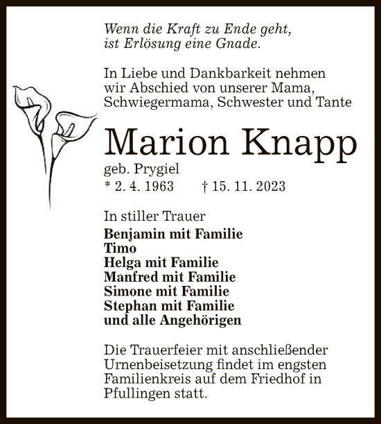 Anzeige von Marion Knapp von Reutlinger General-Anzeiger