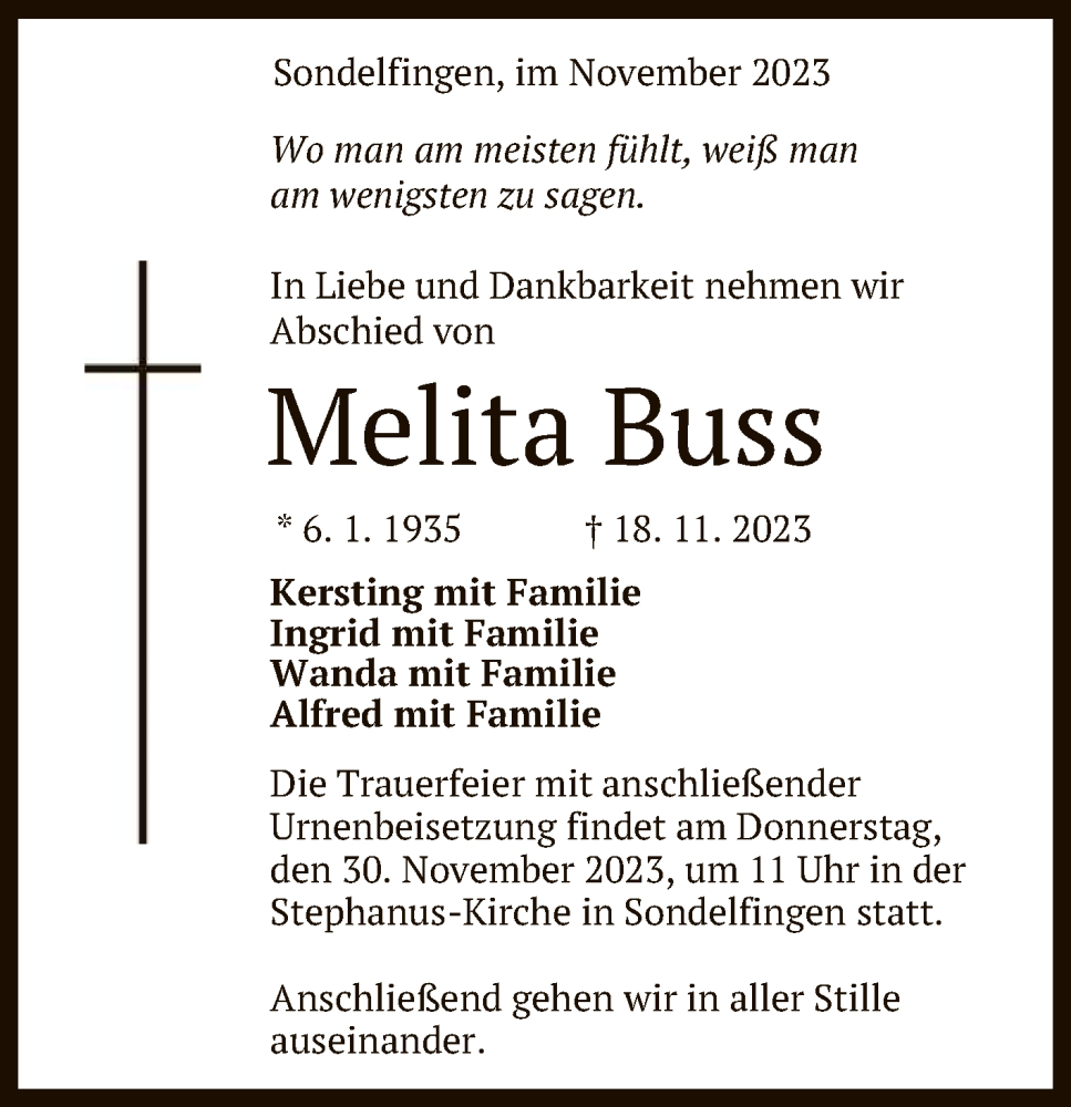  Traueranzeige für Melita Buss vom 28.11.2023 aus Reutlinger General-Anzeiger