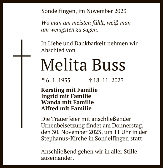 Anzeige von Melita Buss von Reutlinger General-Anzeiger