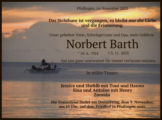 Anzeige von Norbert Barth von Reutlinger General-Anzeiger