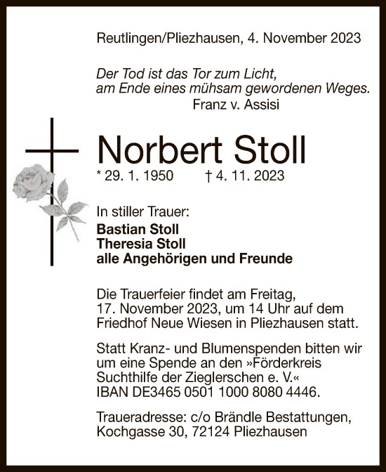 Anzeige von Norbert Stoll von Reutlinger General-Anzeiger