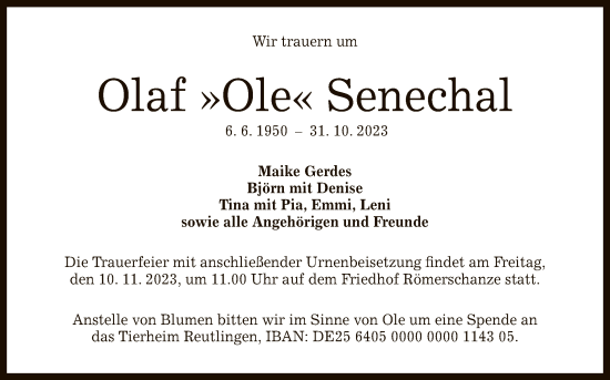 Anzeige von Olaf  Senechal von Reutlinger General-Anzeiger
