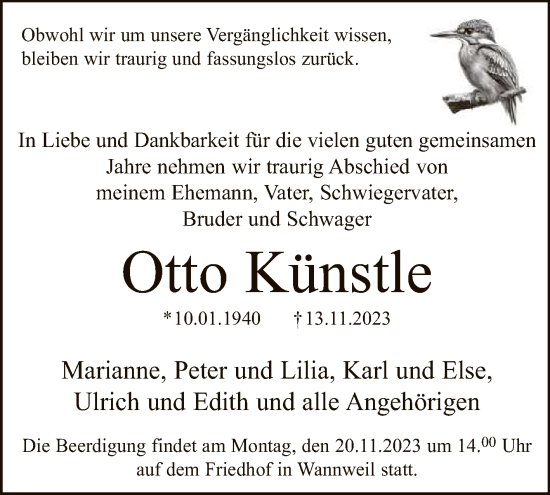 Anzeige von Otto Künstle von Reutlinger General-Anzeiger