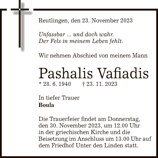 Anzeige von Pashalis Vafiadis von Reutlinger General-Anzeiger