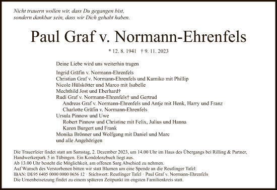 Anzeige von Paul Graf v. Normann-Ehrenfels von Reutlinger General-Anzeiger