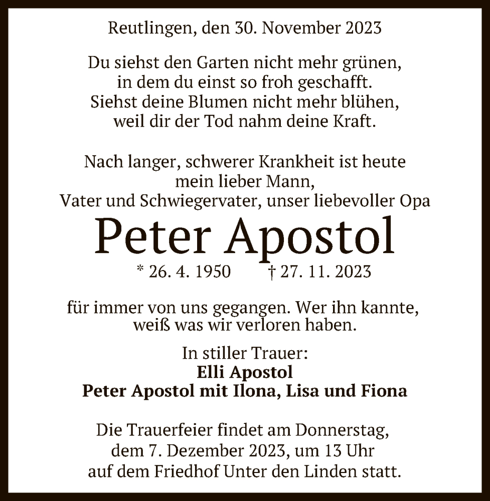  Traueranzeige für Peter Apostol vom 30.11.2023 aus Reutlinger General-Anzeiger