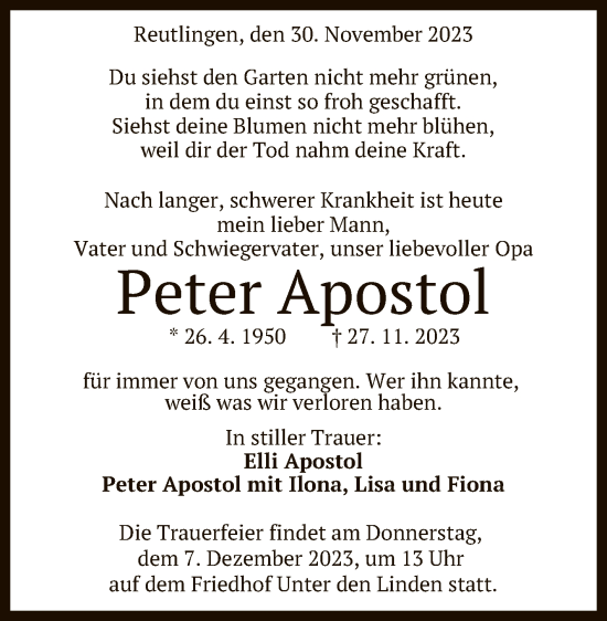 Anzeige von Peter Apostol von Reutlinger General-Anzeiger