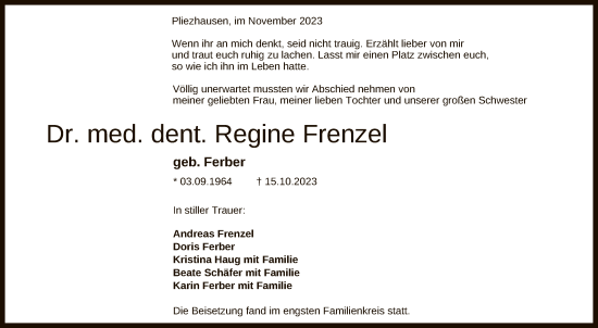 Anzeige von Regine Frenzel von Reutlinger General-Anzeiger