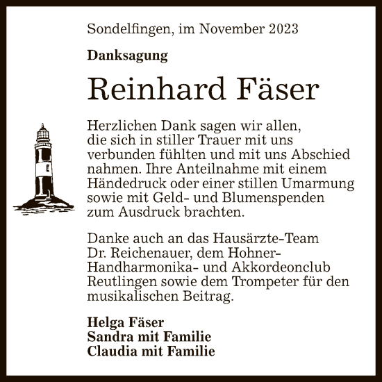 Anzeige von Reinhard Fäser von Reutlinger General-Anzeiger