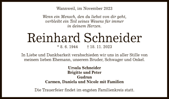 Anzeige von Reinhard Schneider von Reutlinger General-Anzeiger